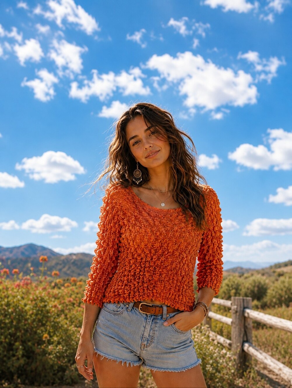 Orange Popcorn Textured Stretch Top 3/4 Sleeve Shirt One Size Boho 90s Y2K Fun